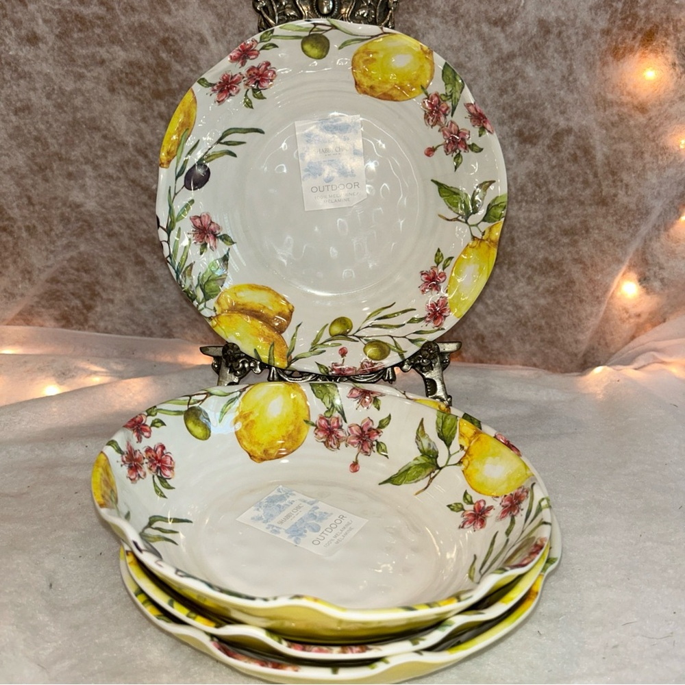 New Shabby Chic Melamine Lemon Olive Salad/Pasta 8.5" Bowl Set of 4